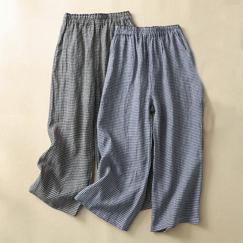 Commute Casual Checkered Pattern 7-8 Length Women's Wide Leg Cotton Linen Pants With Pockets