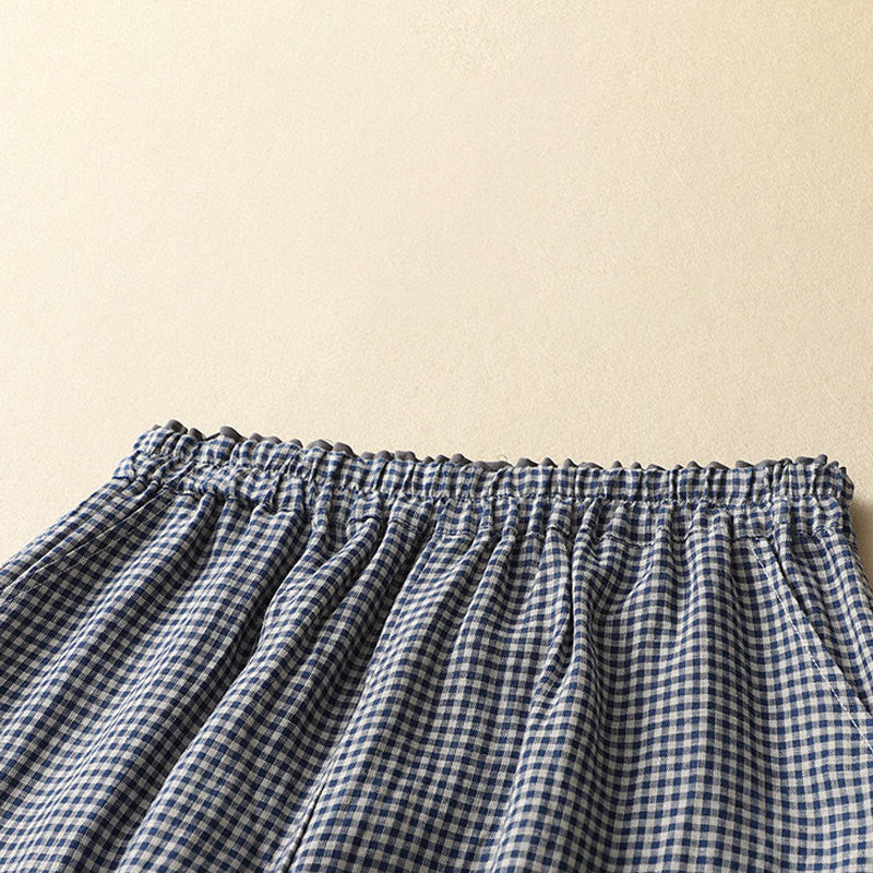 Commute Casual Checkered Pattern 7-8 Length Women's Wide Leg Cotton Linen Pants With Pockets