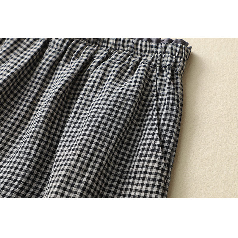 Commute Casual Checkered Pattern 7-8 Length Women's Wide Leg Cotton Linen Pants With Pockets