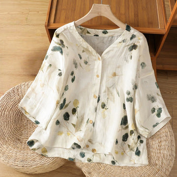 Plant Printed V-neck Button Design Women's Polyester Three Quarter Sleeve Shirt Cardigan