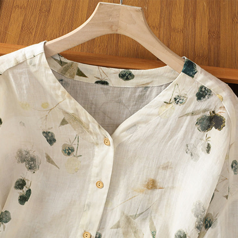 Plant Printed V-neck Button Design Women's Polyester Three Quarter Sleeve Shirt Cardigan