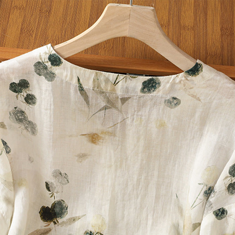 Plant Printed V-neck Button Design Women's Polyester Three Quarter Sleeve Shirt Cardigan