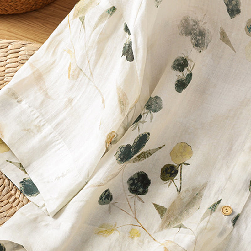 Plant Printed V-neck Button Design Women's Polyester Three Quarter Sleeve Shirt Cardigan
