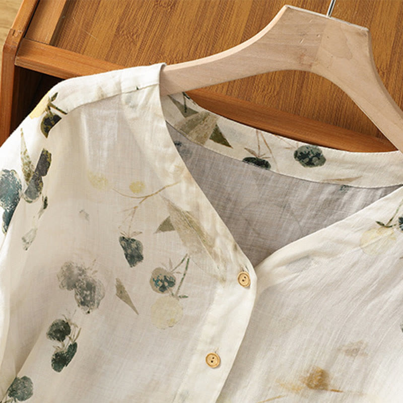Plant Printed V-neck Button Design Women's Polyester Three Quarter Sleeve Shirt Cardigan