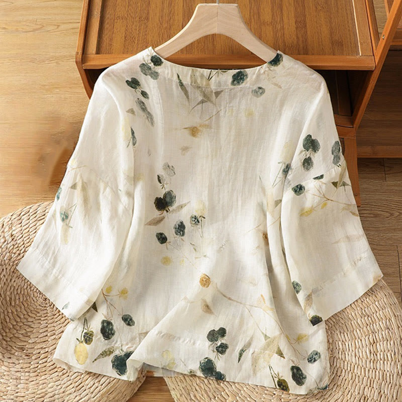 Plant Printed V-neck Button Design Women's Polyester Three Quarter Sleeve Shirt Cardigan