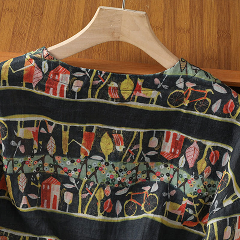 Plant Printed V-neck Button Design Women's Polyester Three Quarter Sleeve Shirt Cardigan