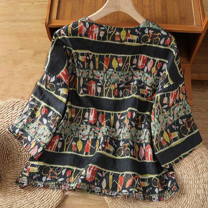 Plant Printed V-neck Button Design Women's Polyester Three Quarter Sleeve Shirt Cardigan