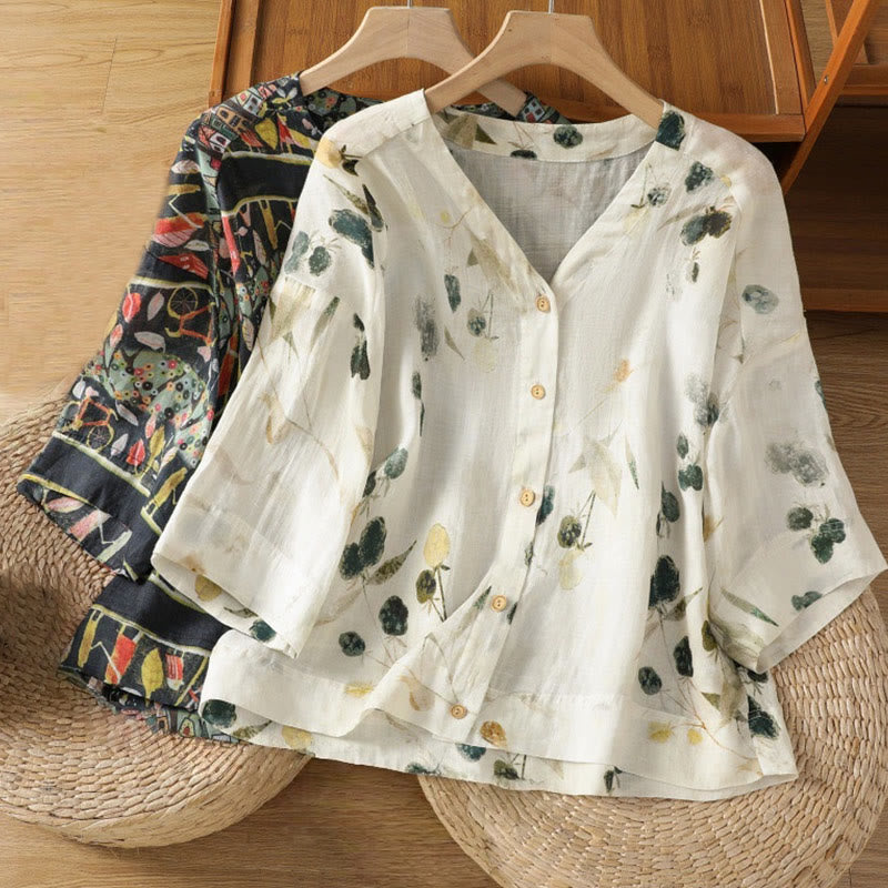 Plant Printed V-neck Button Design Women's Polyester Three Quarter Sleeve Shirt Cardigan