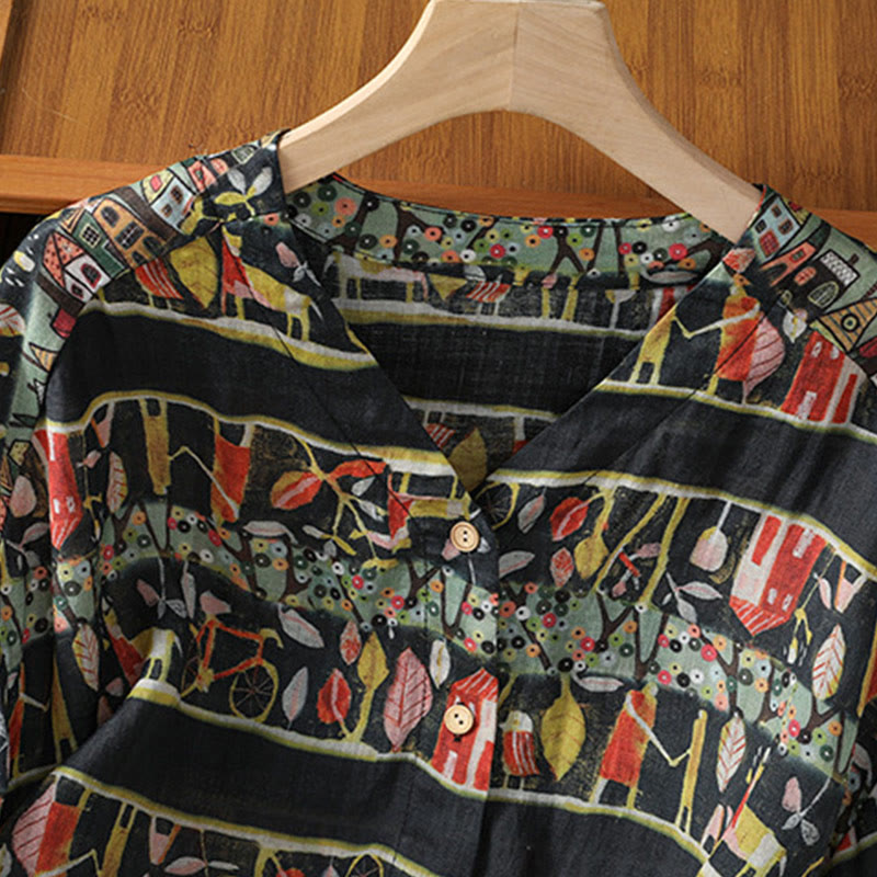 Plant Printed V-neck Button Design Women's Polyester Three Quarter Sleeve Shirt Cardigan