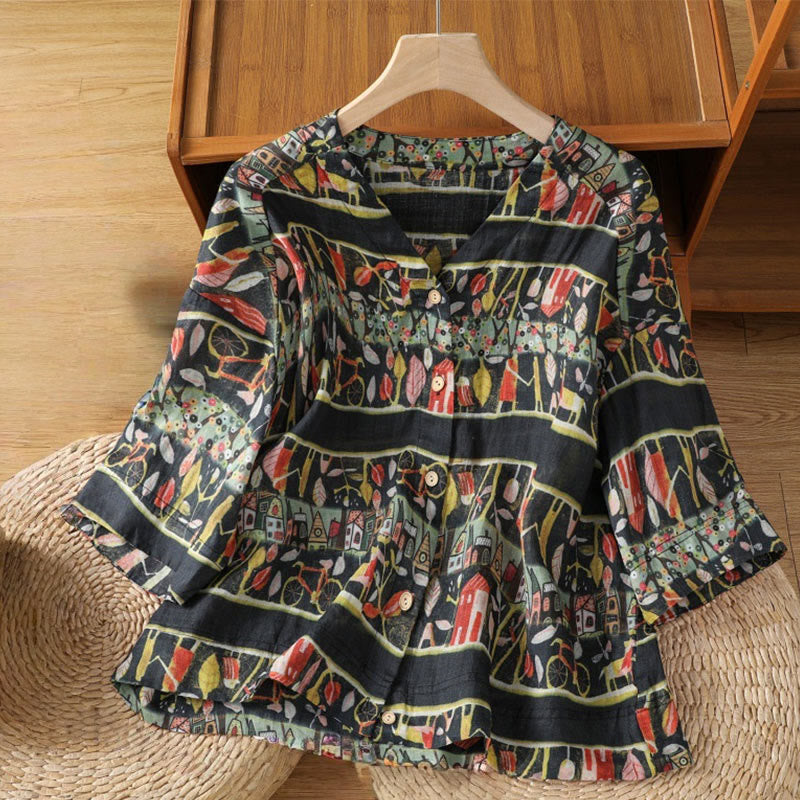 Plant Printed V-neck Button Design Women's Polyester Three Quarter Sleeve Shirt Cardigan