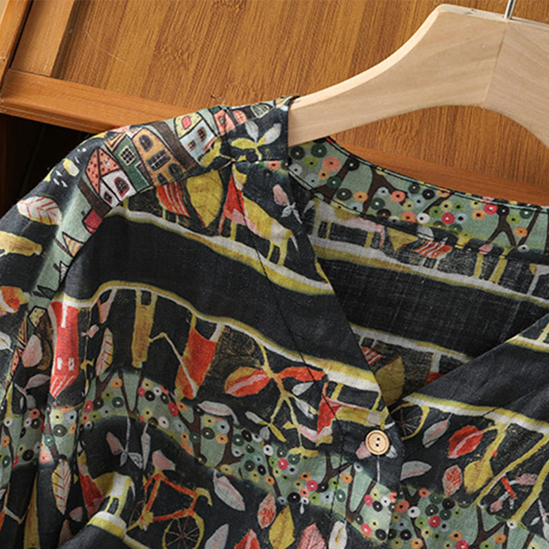 Plant Printed V-neck Button Design Women's Polyester Three Quarter Sleeve Shirt Cardigan