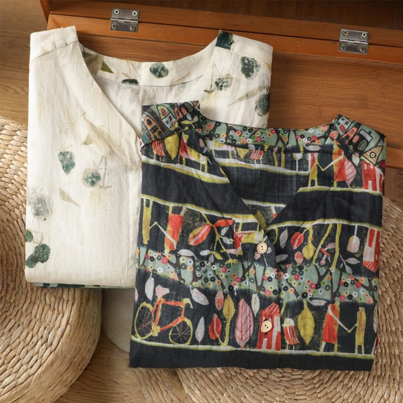 Plant Printed V-neck Button Design Women's Polyester Three Quarter Sleeve Shirt Cardigan