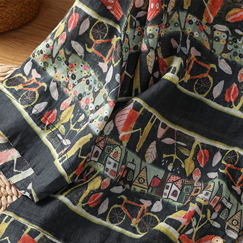 Plant Printed V-neck Button Design Women's Polyester Three Quarter Sleeve Shirt Cardigan