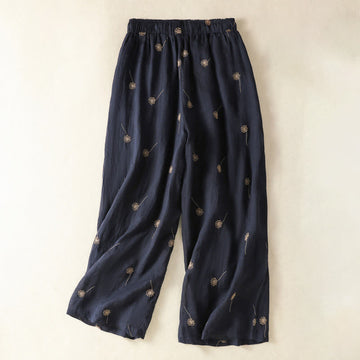 MidnightBlue Commute Casual Dandelion Pattern Women's Wide Leg Cotton Linen Pants