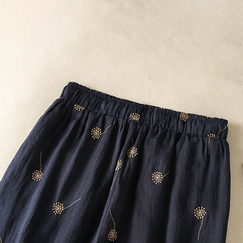 MidnightBlue Commute Casual Dandelion Pattern Women's Wide Leg Cotton Linen Pants