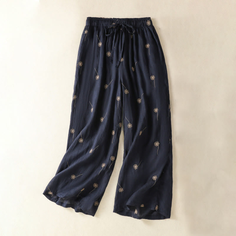 MidnightBlue Commute Casual Dandelion Pattern Women's Wide Leg Cotton Linen Pants