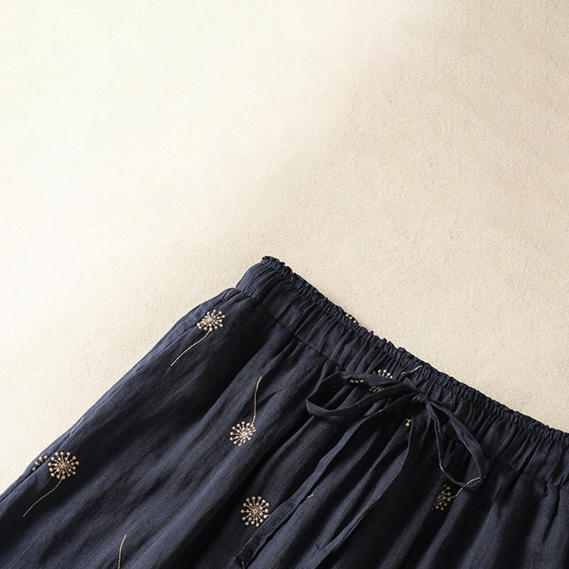 MidnightBlue Commute Casual Dandelion Pattern Women's Wide Leg Cotton Linen Pants