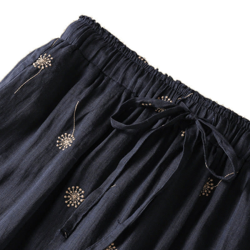 MidnightBlue Commute Casual Dandelion Pattern Women's Wide Leg Cotton Linen Pants