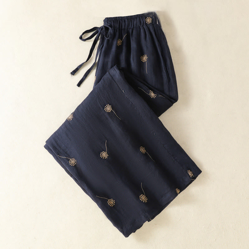 MidnightBlue Commute Casual Dandelion Pattern Women's Wide Leg Cotton Linen Pants