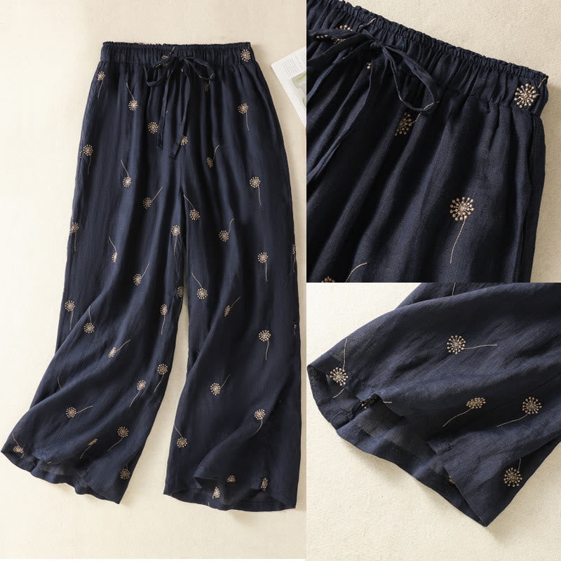 MidnightBlue Commute Casual Dandelion Pattern Women's Wide Leg Cotton Linen Pants