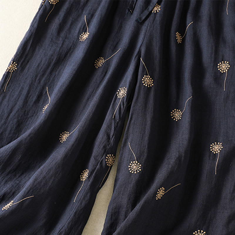 MidnightBlue Commute Casual Dandelion Pattern Women's Wide Leg Cotton Linen Pants