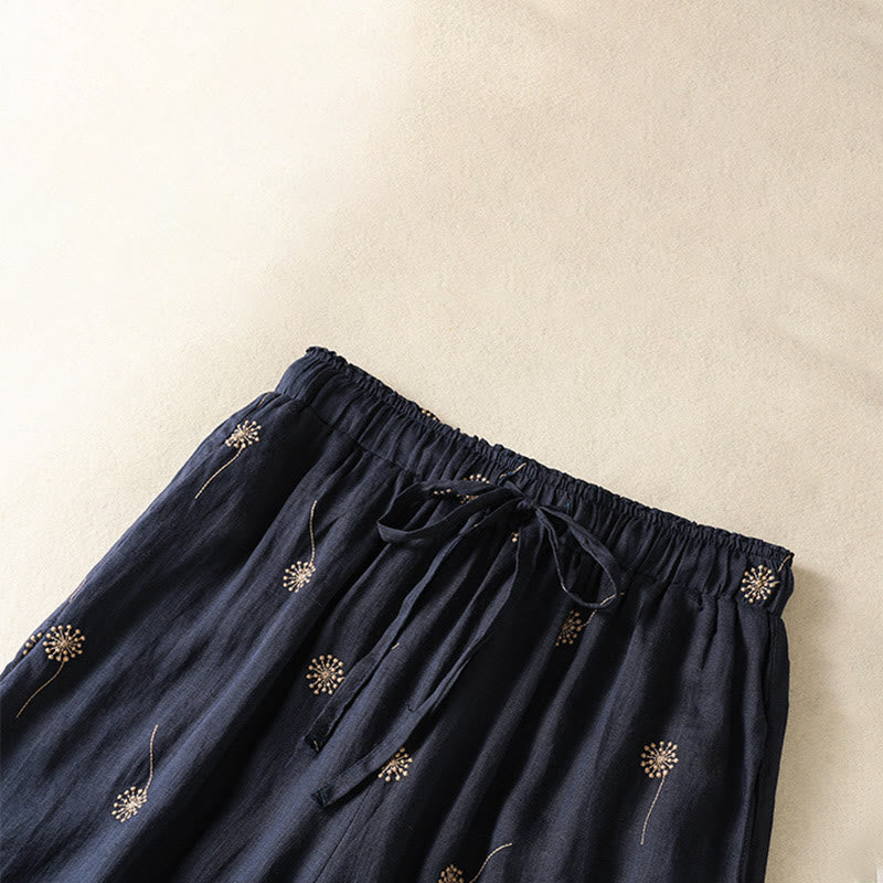 MidnightBlue Commute Casual Dandelion Pattern Women's Wide Leg Cotton Linen Pants