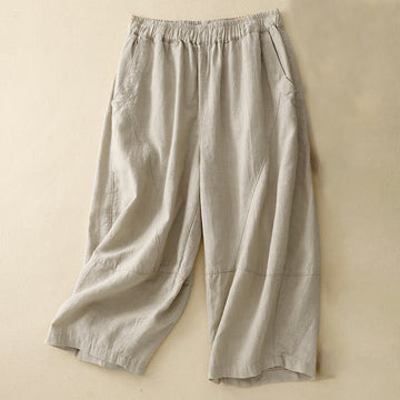 Commute Casual Pure Color Women's Wide Leg Cotton Cropped Pants With Pockets