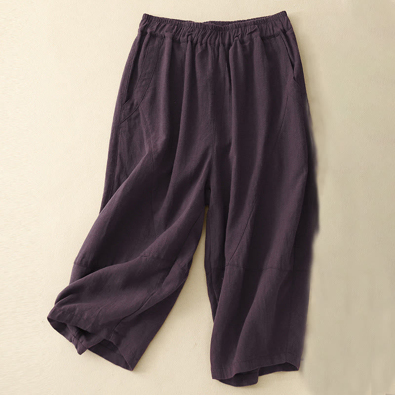 Commute Casual Pure Color Women's Wide Leg Cotton Cropped Pants With Pockets
