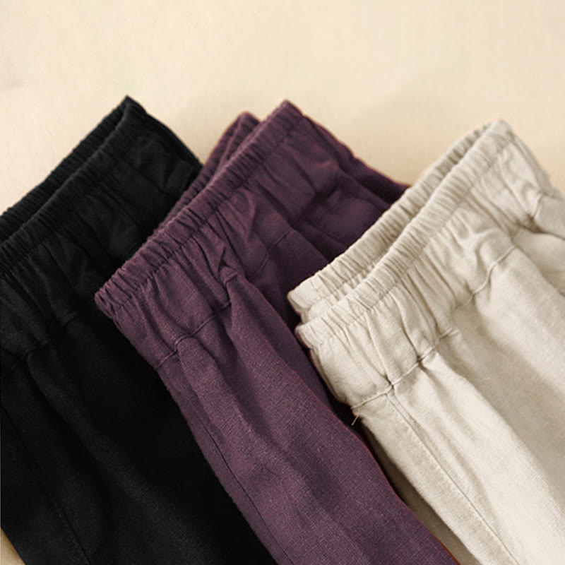 Commute Casual Pure Color Women's Wide Leg Cotton Cropped Pants With Pockets