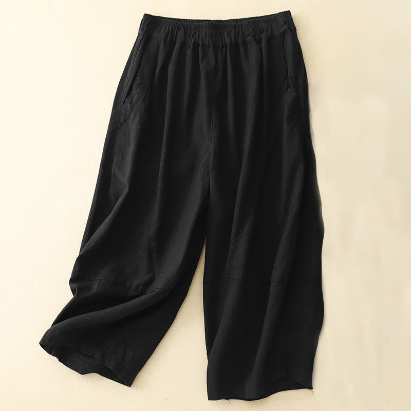 Commute Casual Pure Color Women's Wide Leg Cotton Cropped Pants With Pockets