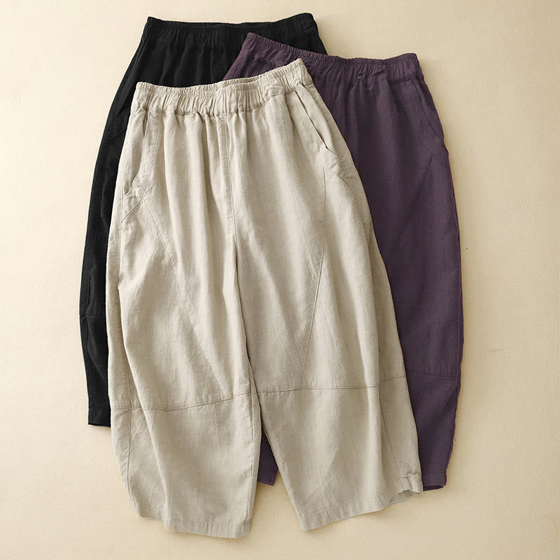 Commute Casual Pure Color Women's Wide Leg Cotton Cropped Pants With Pockets