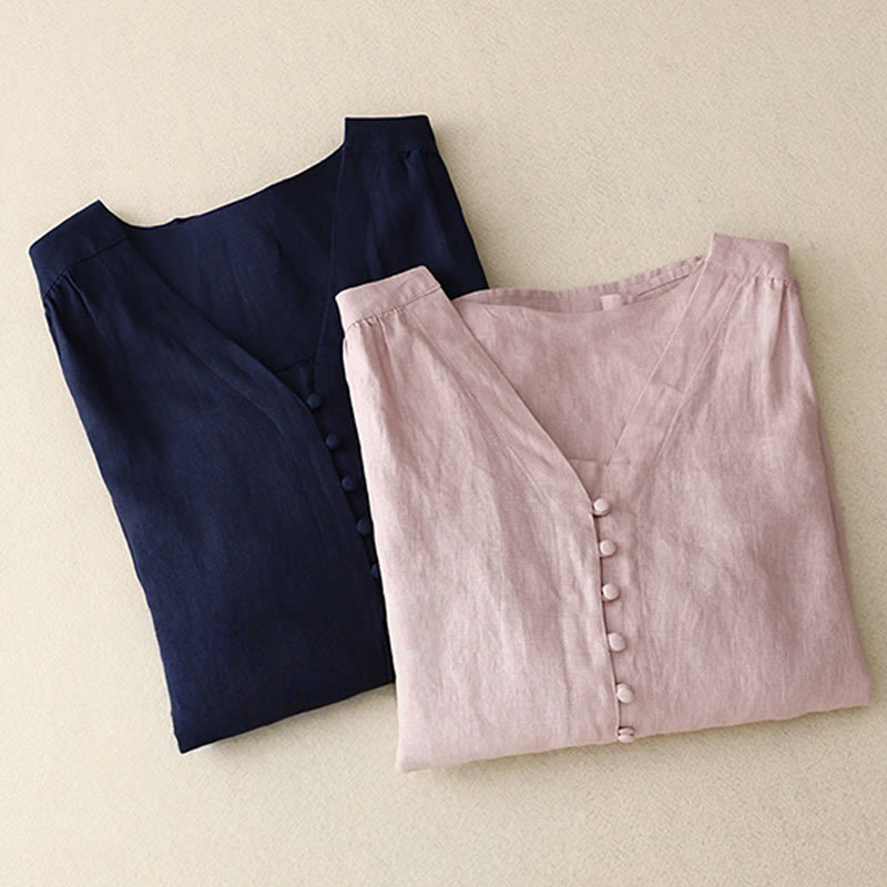 V-Neck Design Women's Cotton Linen Long Sleeve Shirt