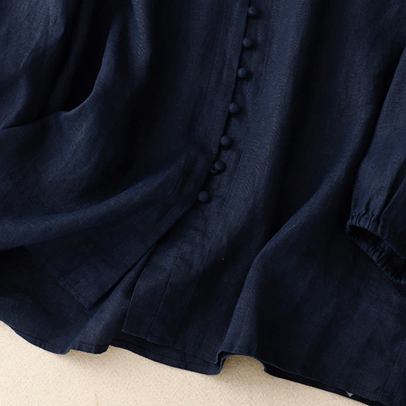 V-Neck Design Women's Cotton Linen Long Sleeve Shirt