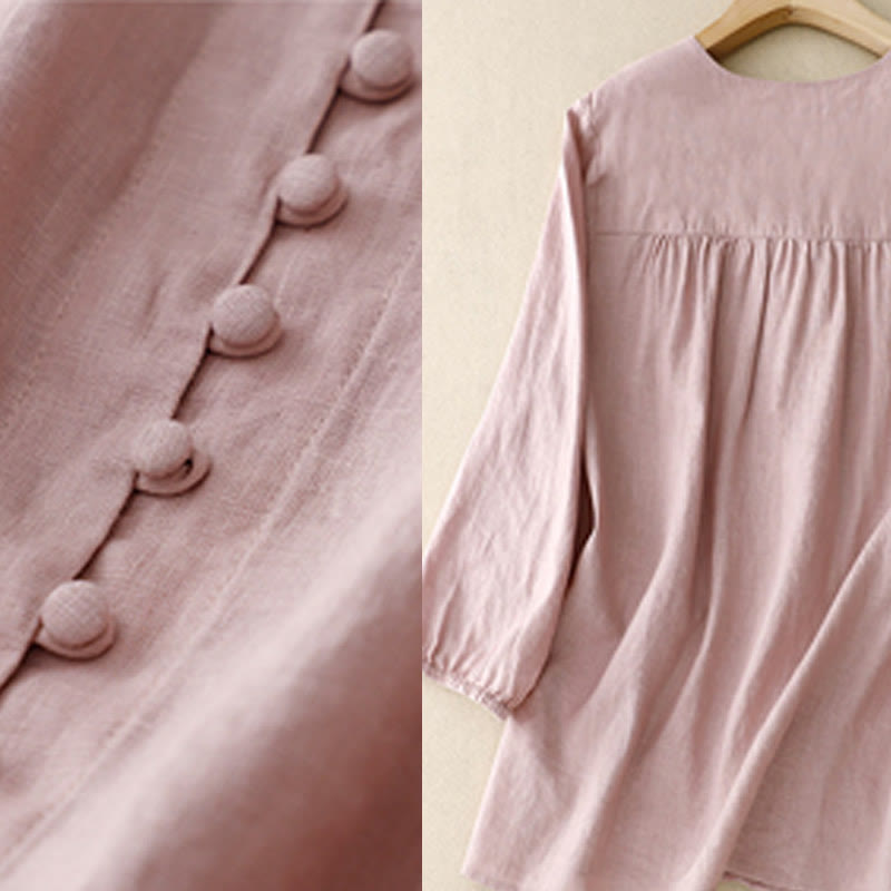 V-Neck Design Women's Cotton Linen Long Sleeve Shirt