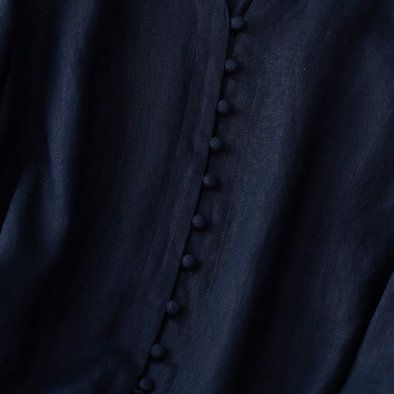 V-Neck Design Women's Cotton Linen Long Sleeve Shirt