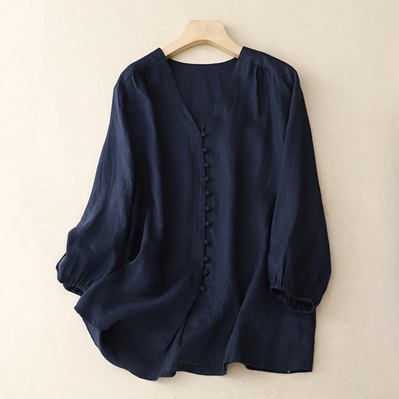V-Neck Design Women's Cotton Linen Long Sleeve Shirt