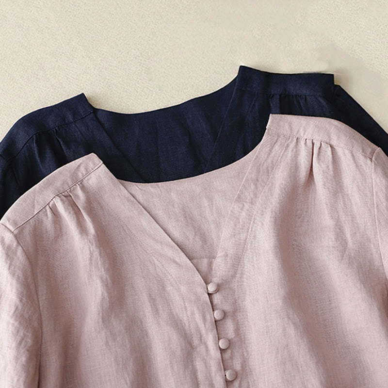 V-Neck Design Women's Cotton Linen Long Sleeve Shirt