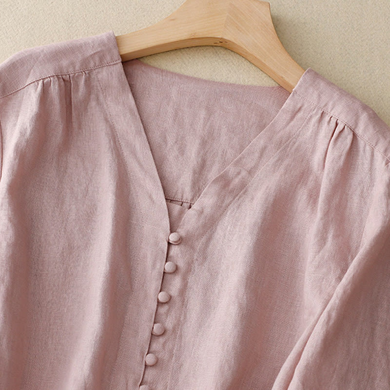 V-Neck Design Women's Cotton Linen Long Sleeve Shirt