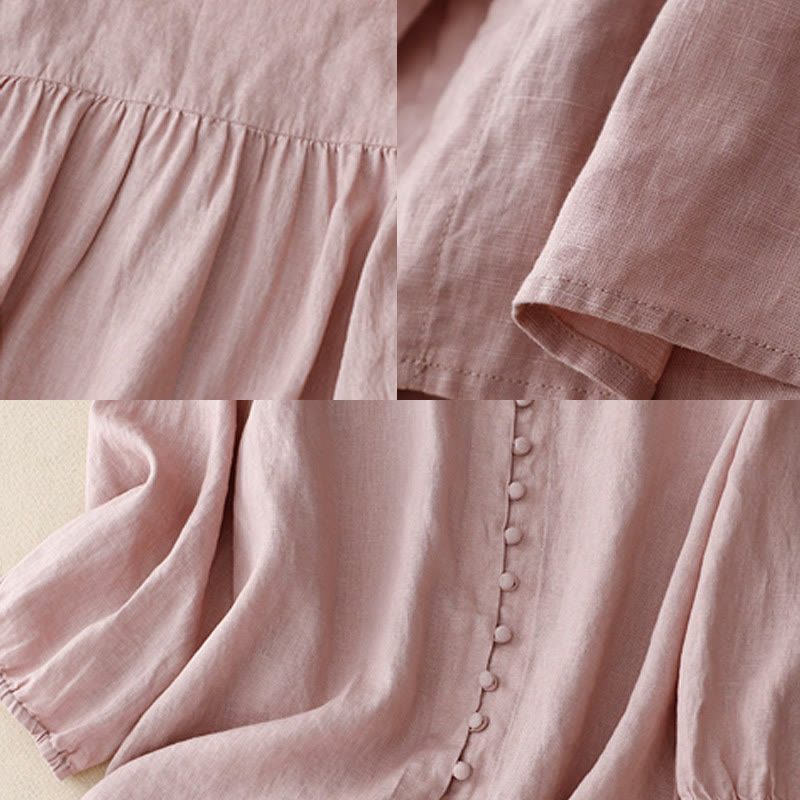 V-Neck Design Women's Cotton Linen Long Sleeve Shirt