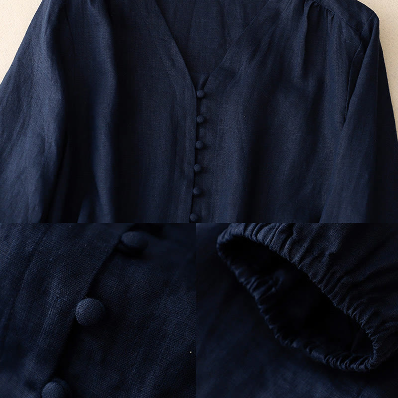 V-Neck Design Women's Cotton Linen Long Sleeve Shirt
