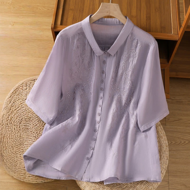 Embroiderd Front Button Stand Collar Design Women's Cotton Short Sleeve Shirt