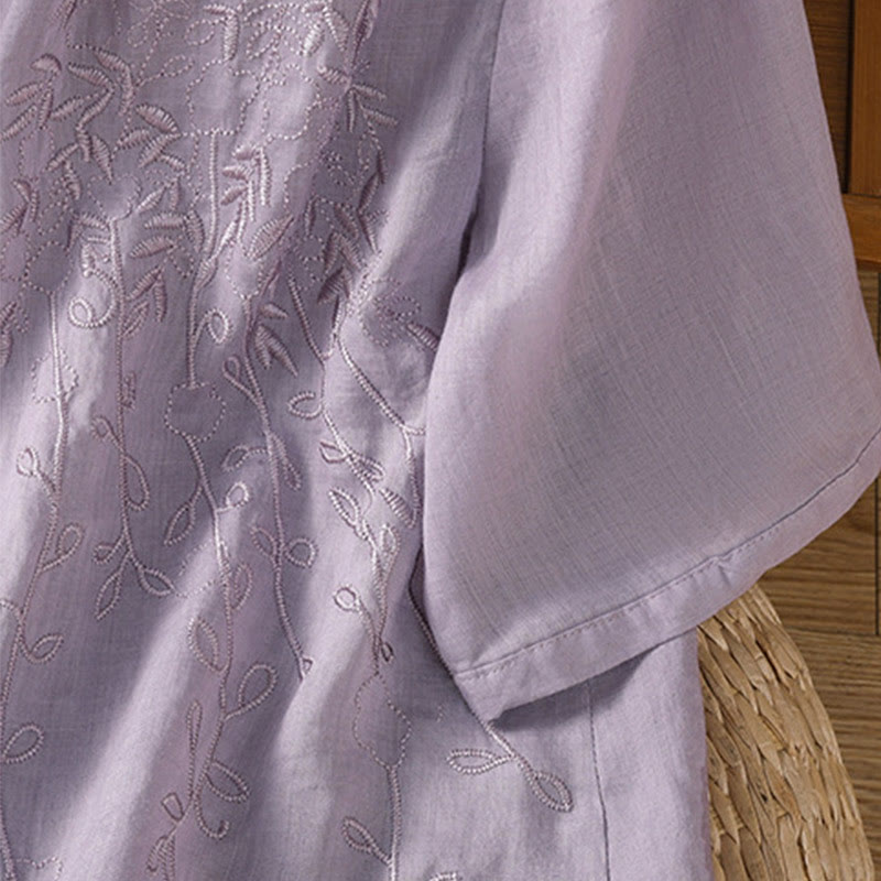 Embroiderd Front Button Stand Collar Design Women's Cotton Short Sleeve Shirt