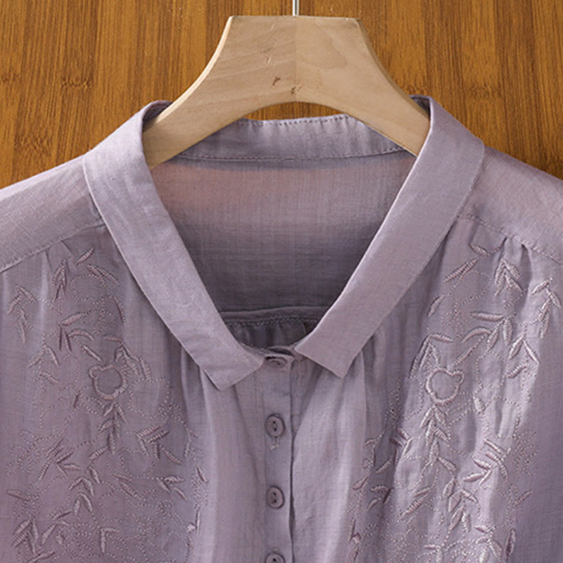 Embroiderd Front Button Stand Collar Design Women's Cotton Short Sleeve Shirt