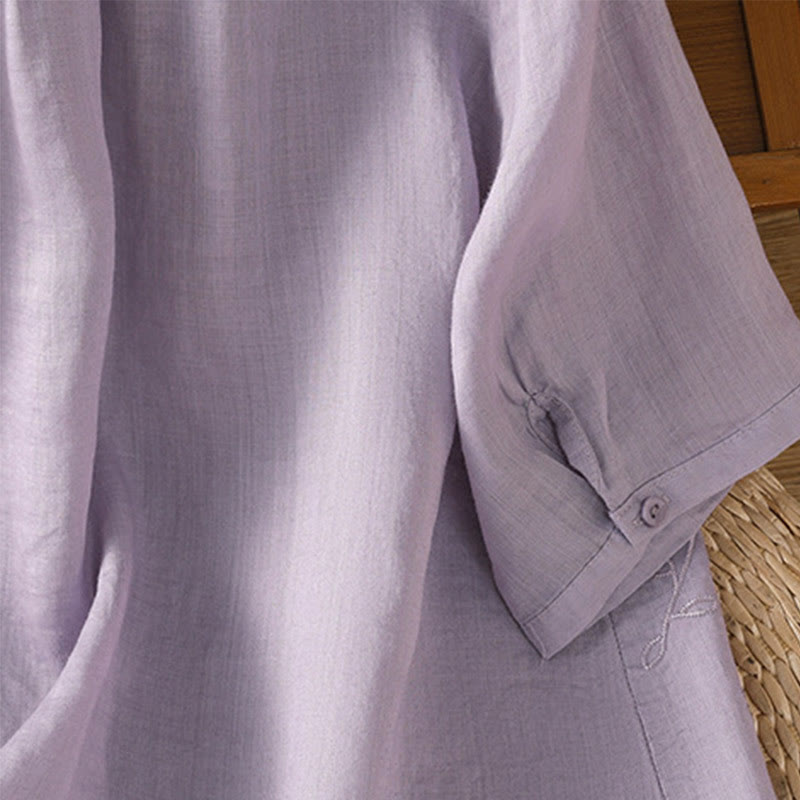 Embroiderd Front Button Stand Collar Design Women's Cotton Short Sleeve Shirt