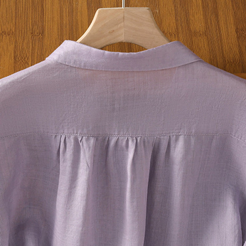 Embroiderd Front Button Stand Collar Design Women's Cotton Short Sleeve Shirt
