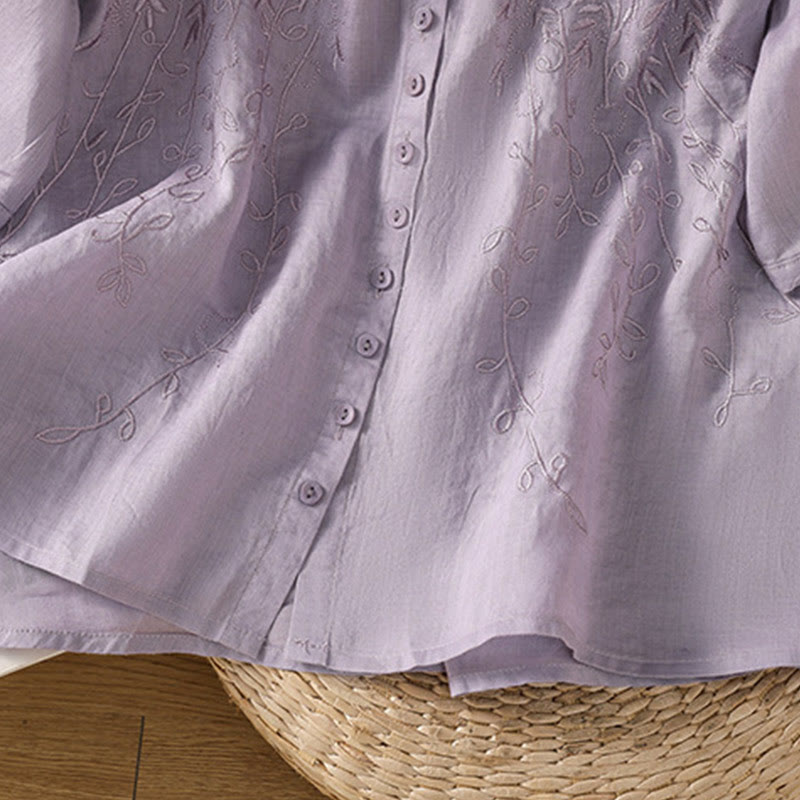 Embroiderd Front Button Stand Collar Design Women's Cotton Short Sleeve Shirt