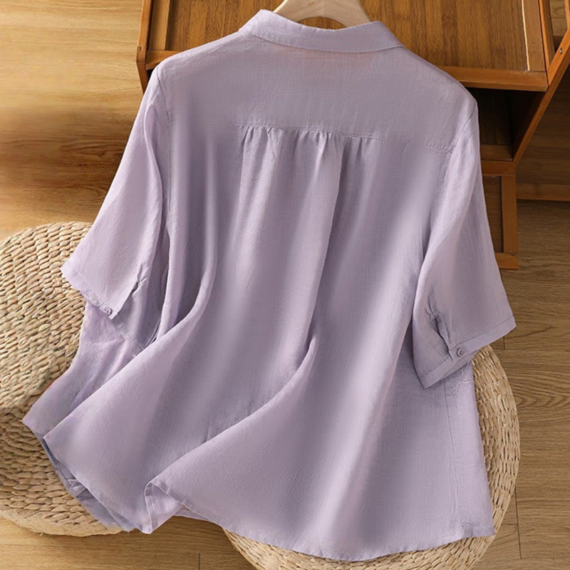 Embroiderd Front Button Stand Collar Design Women's Cotton Short Sleeve Shirt