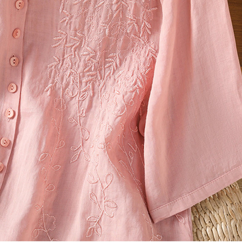 Embroiderd Front Button Stand Collar Design Women's Cotton Short Sleeve Shirt