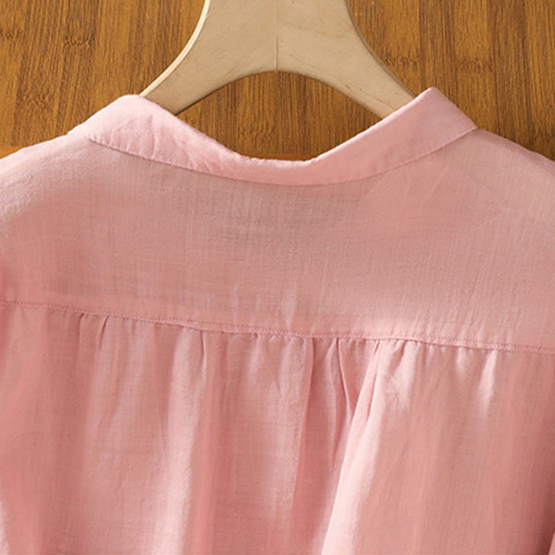 Embroiderd Front Button Stand Collar Design Women's Cotton Short Sleeve Shirt