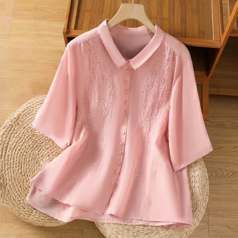 Embroiderd Front Button Stand Collar Design Women's Cotton Short Sleeve Shirt